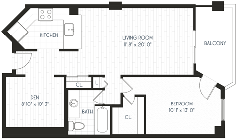 Floor plan for 1 bed, 1 bath, 795 sqft